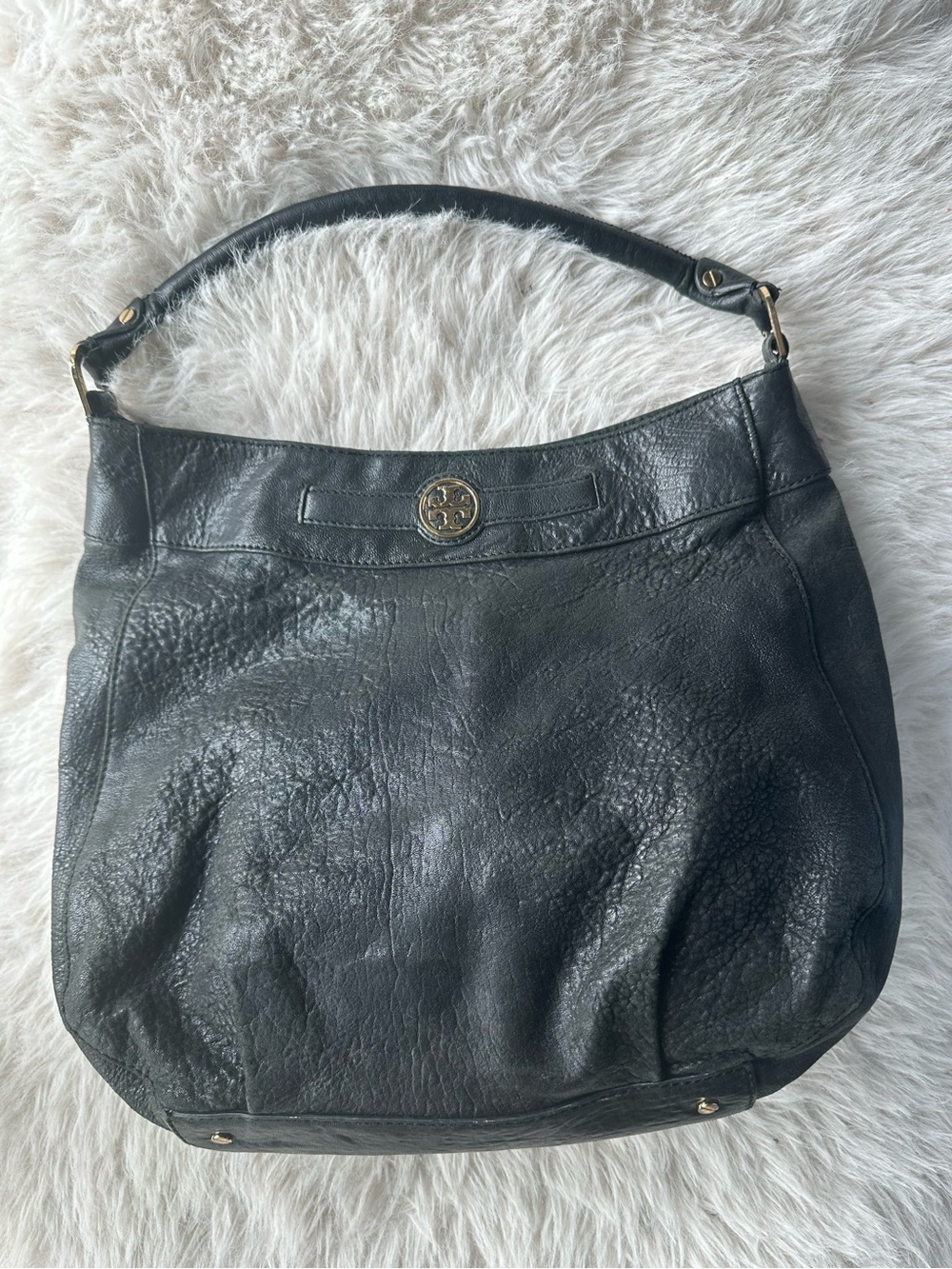 Tory Burch Black Leather Audra Shoulder Hobo with Gold-Tone Logo and mirror